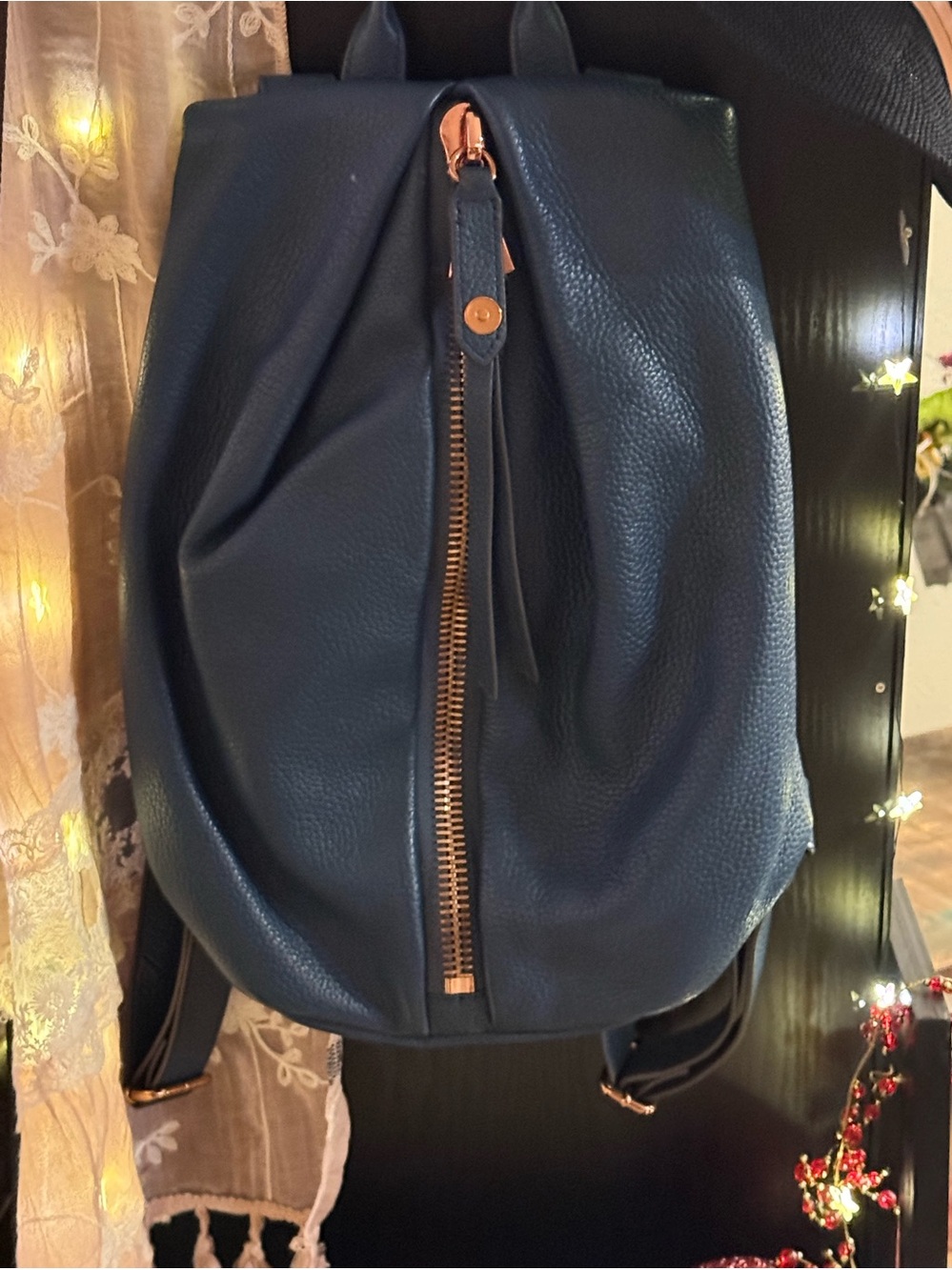Teal Pebbled Leather Backpack with Rose Gold Zipper